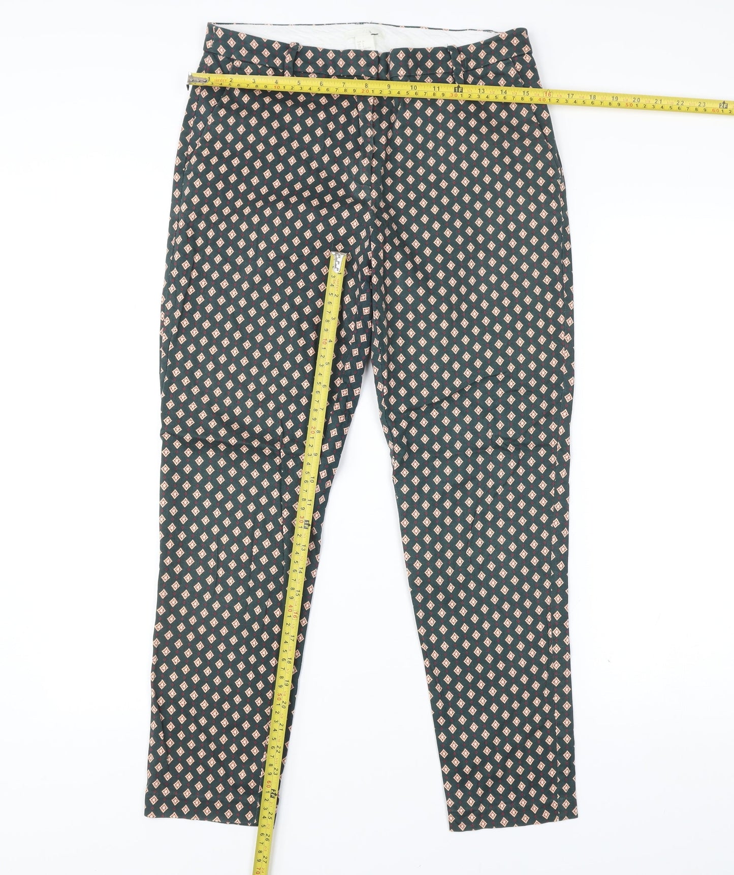 H&M Women’s Green Geometric Slim Chino Trousers Size 10