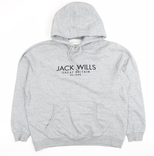 Jack Wills Mens Grey 2XL Pullover Hoodie Logo Fleece Sweatshirt