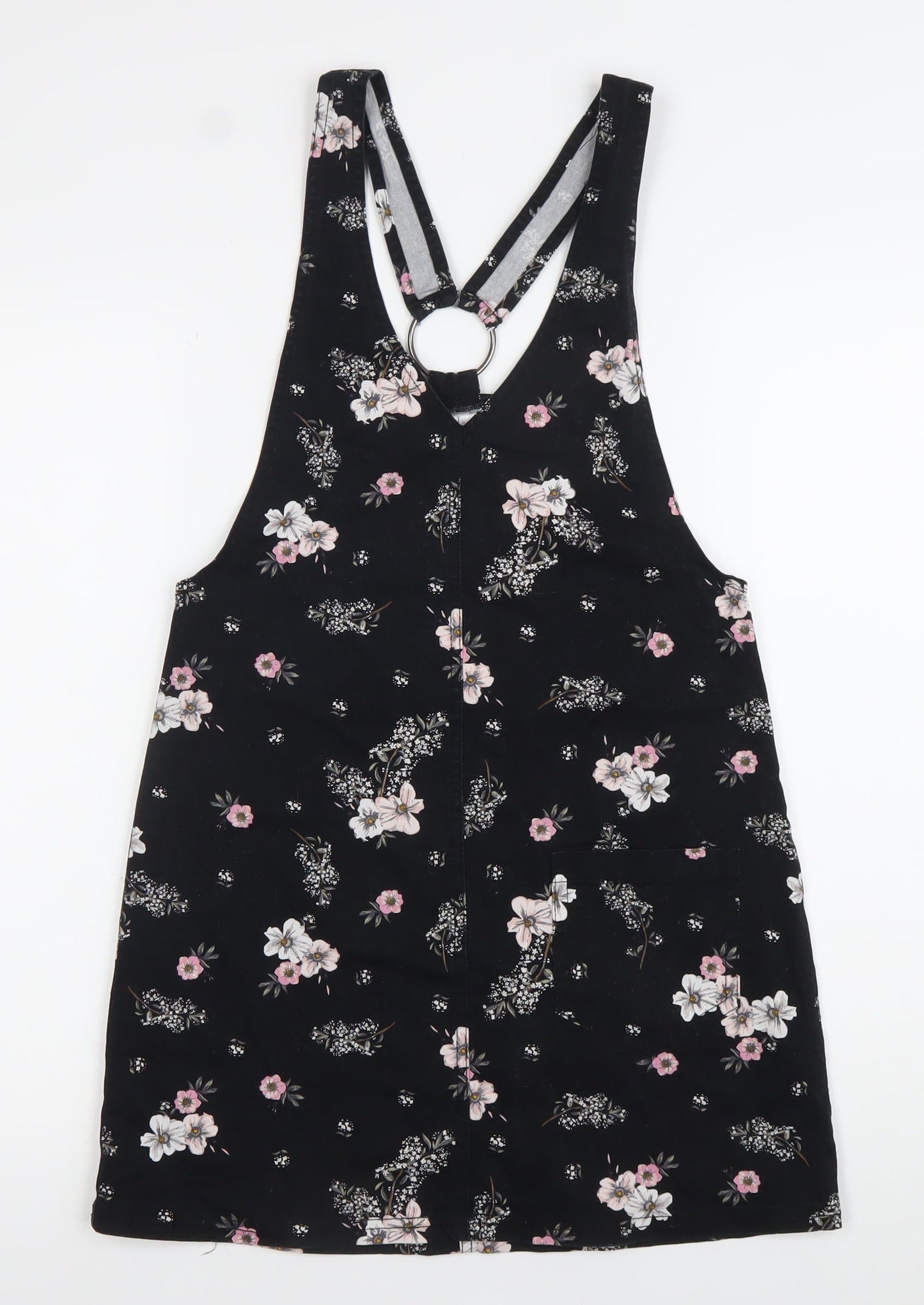 H&M Women Black Floral Pinafore Dress Size 6 Cotton Stretch