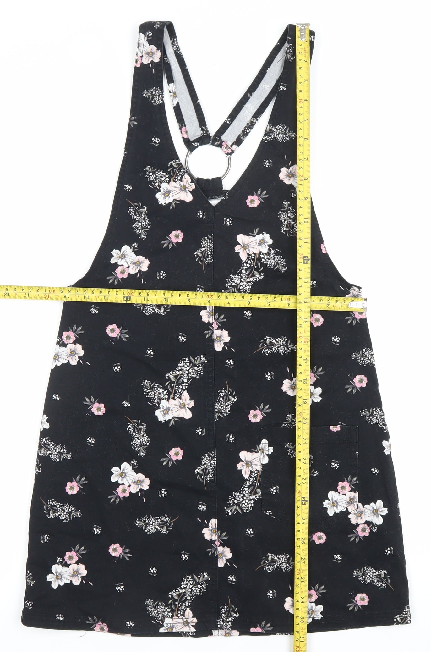 H&M Women Black Floral Pinafore Dress Size 6 Cotton Stretch