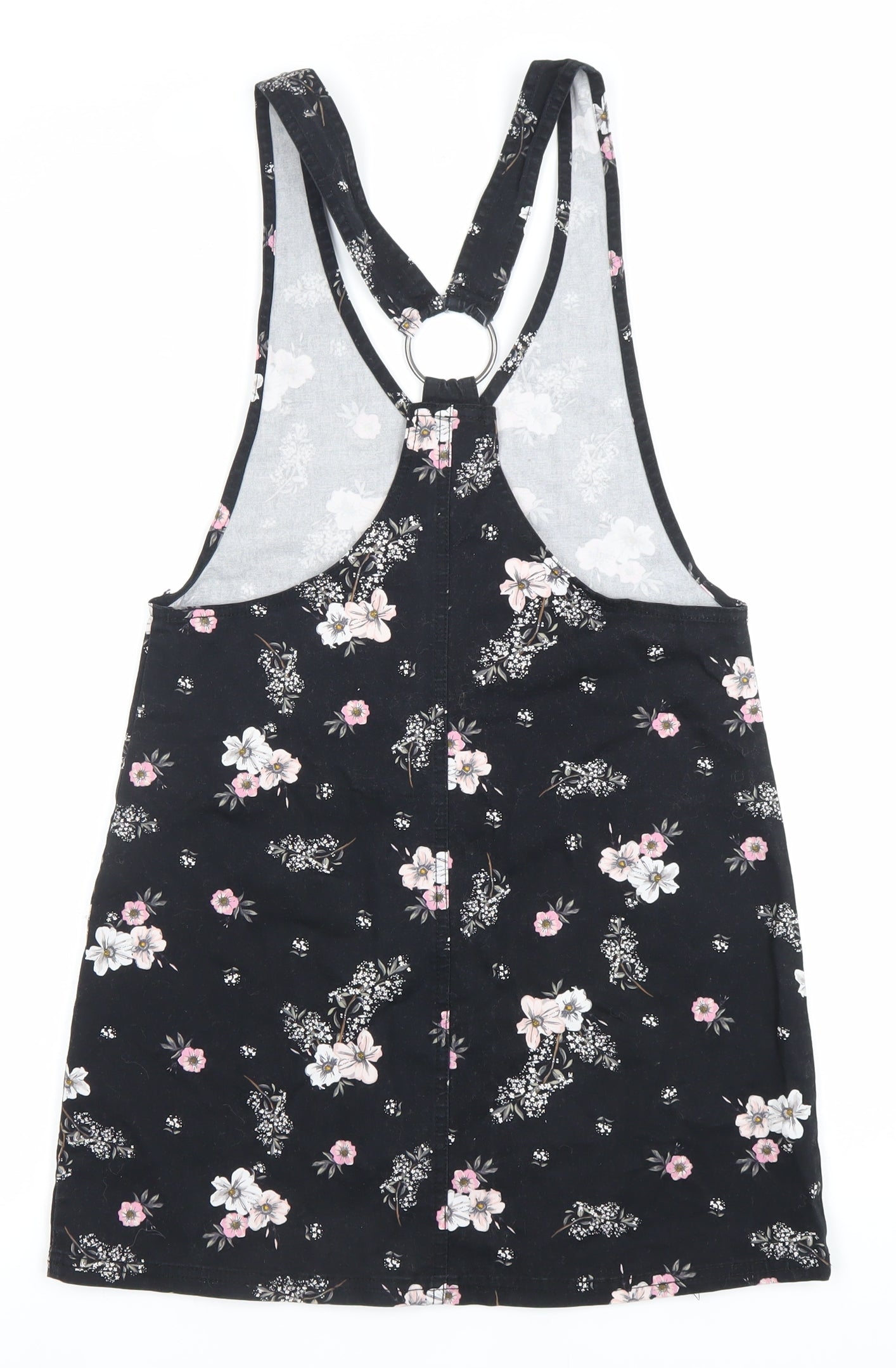 H&M Women Black Floral Pinafore Dress Size 6 Cotton Stretch