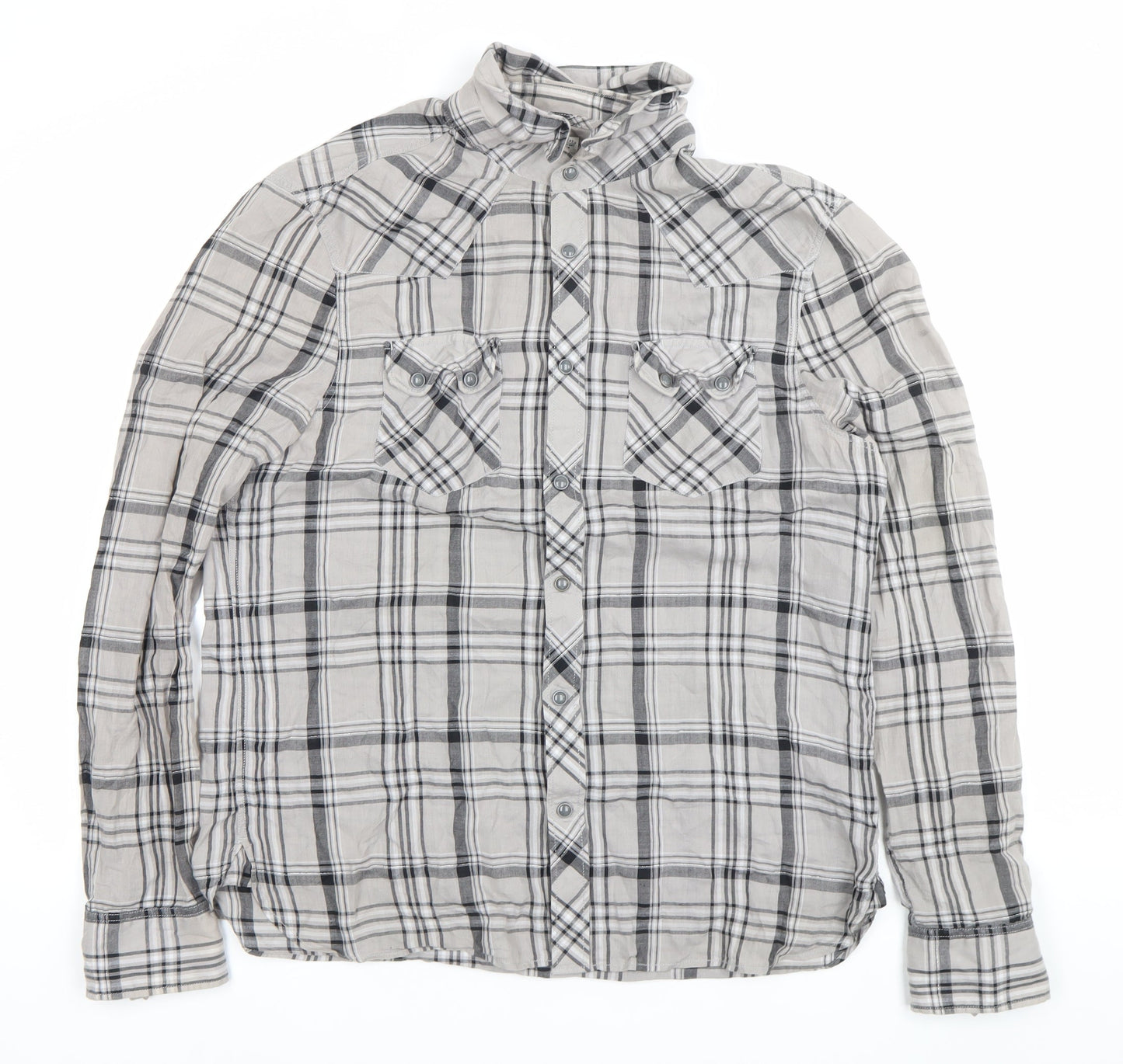 AllSaints Mens Grey Plaid Cotton Button-Up Shirt XL Long Sleeve