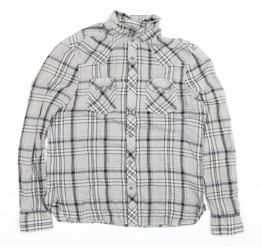 AllSaints Mens Grey Plaid Cotton Button-Up Shirt XL Long Sleeve
