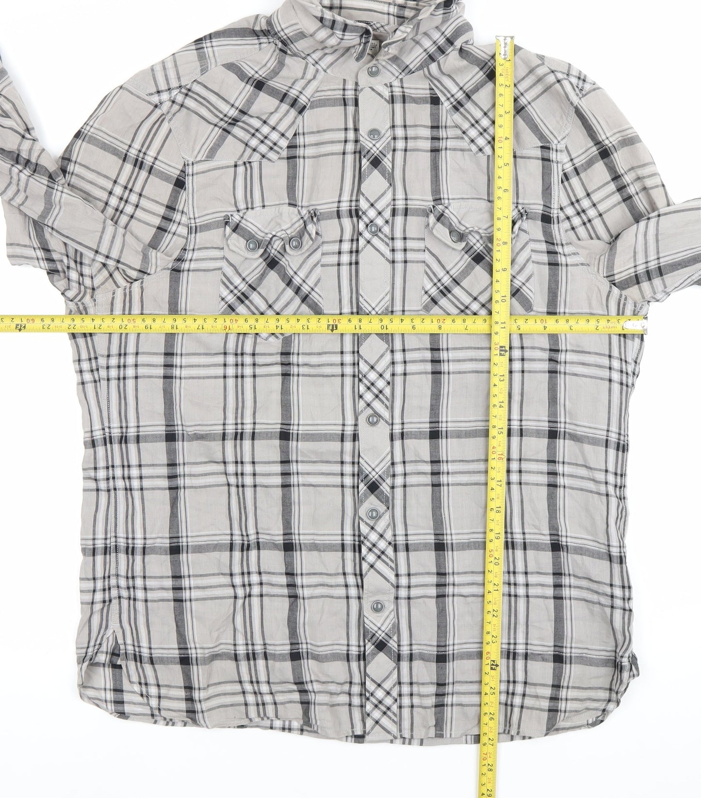 AllSaints Mens Grey Plaid Cotton Button-Up Shirt XL Long Sleeve