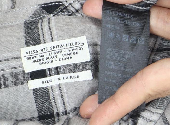 AllSaints Mens Grey Plaid Cotton Button-Up Shirt XL Long Sleeve