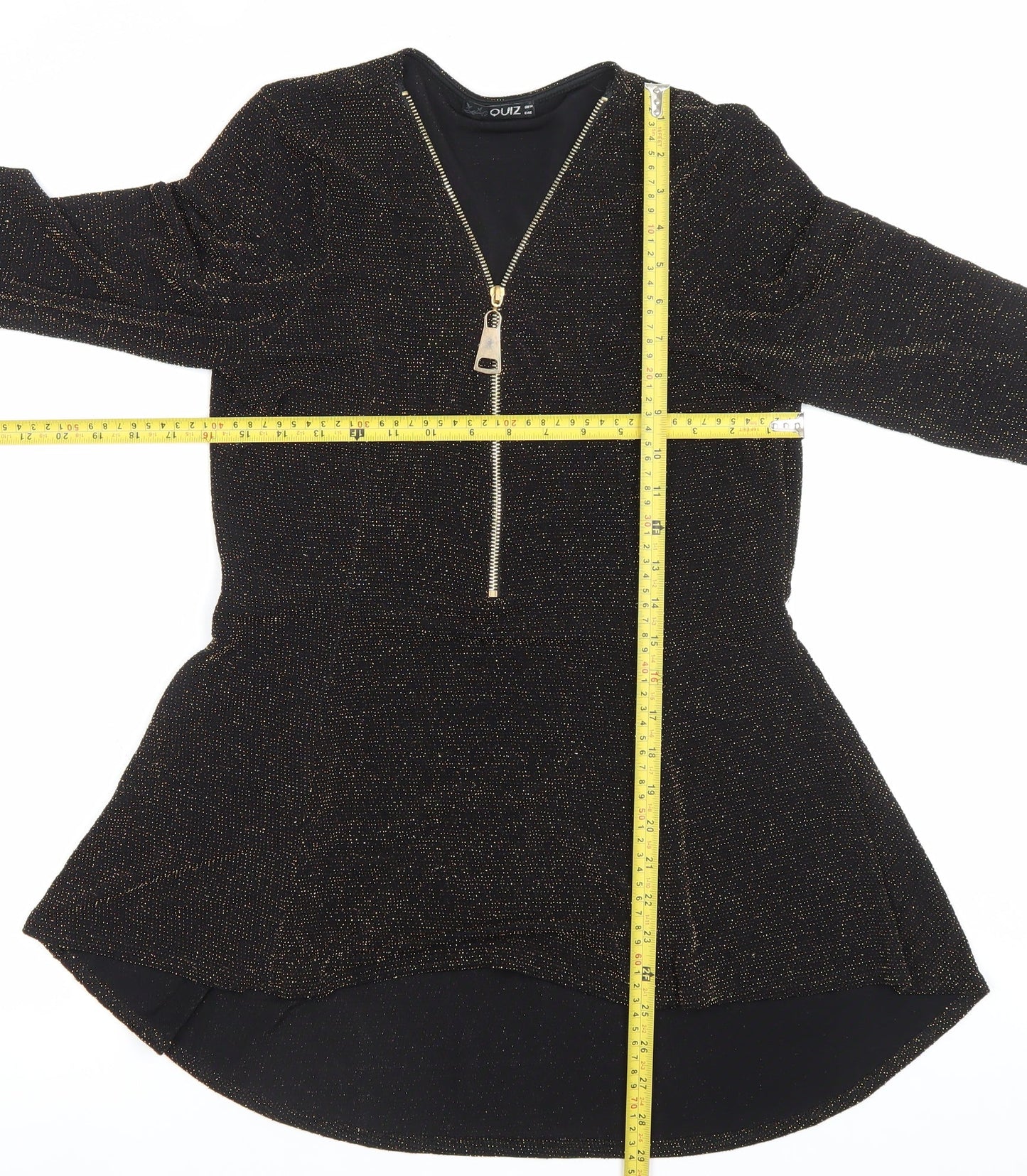 Quiz Women’s Black Glitter Fit & Flare Dress Size 14 Party Zip Bell Sleeve