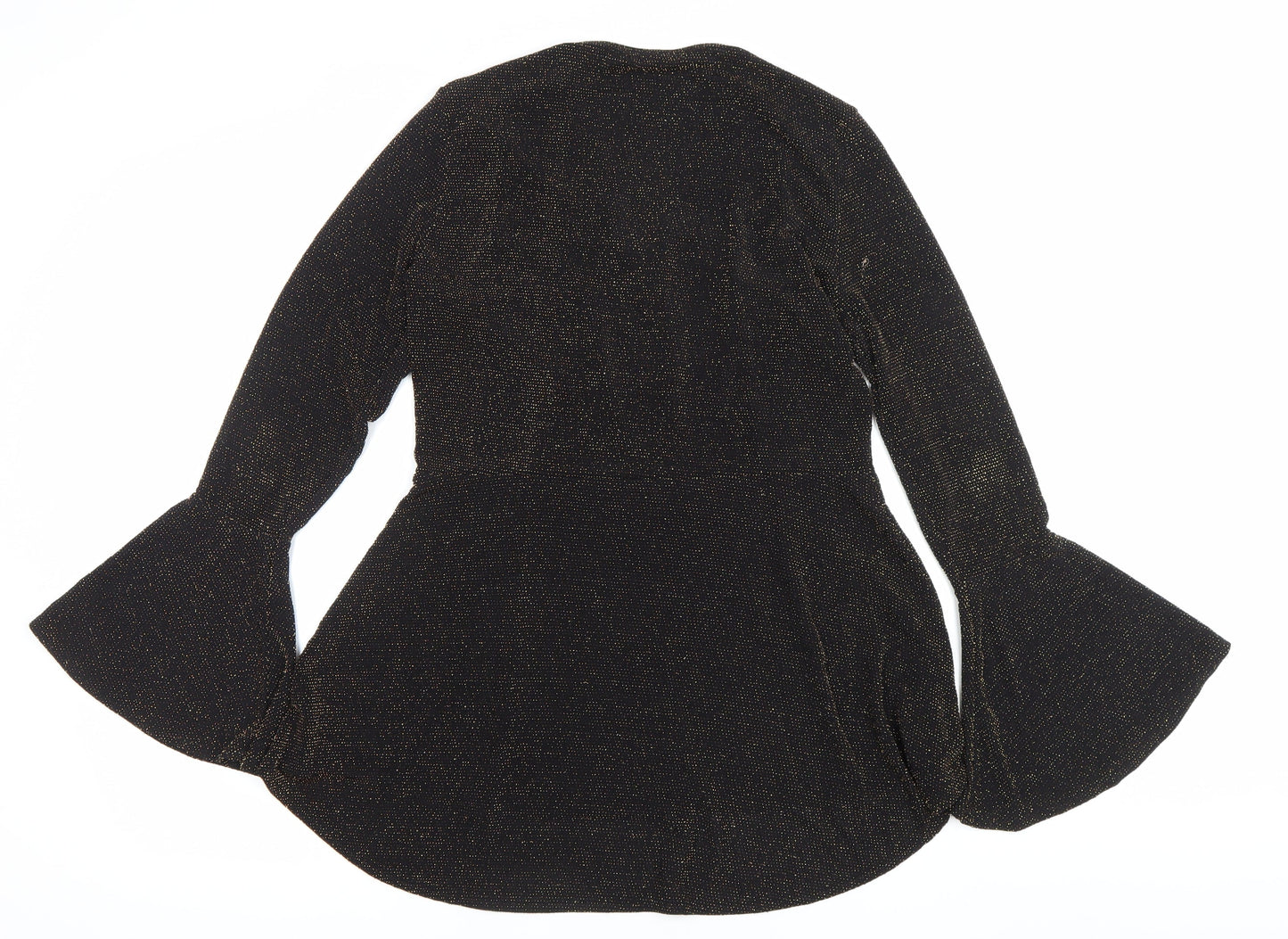 Quiz Women’s Black Glitter Fit & Flare Dress Size 14 Party Zip Bell Sleeve