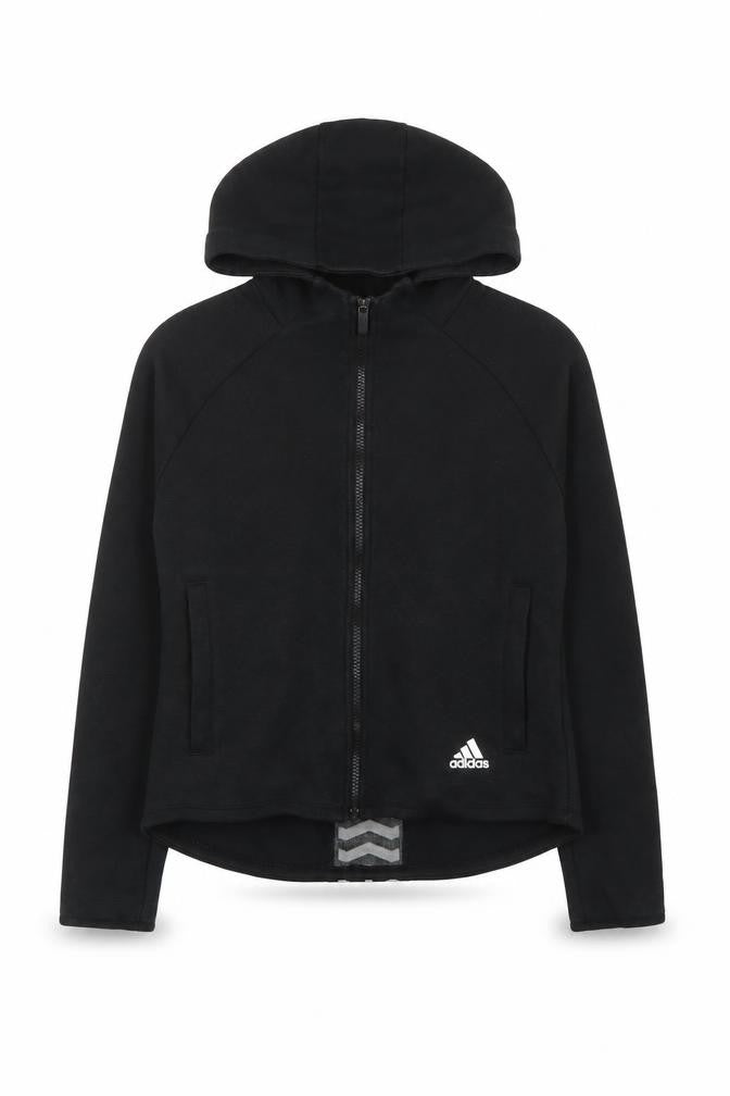 Front view of Adidas Women Black Full Zip Hoodie Jacket, size M, Sportswear