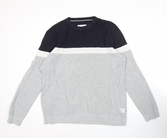 Jack & Jones Mens Grey & Black Striped Cotton Pullover Jumper L