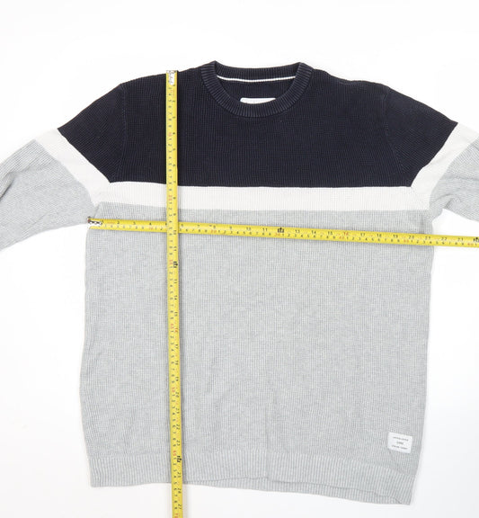 Jack & Jones Mens Grey & Black Striped Cotton Pullover Jumper L
