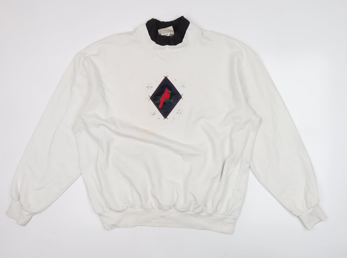 Decorated Originals Women’s White XL Sweatshirt Embroidered Bird Winter Pullover