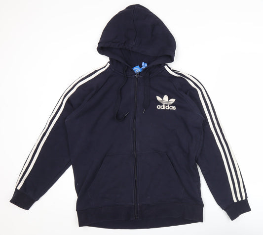 Adidas Mens Blue Full Zip Hoodie L Sports Logo Hooded Sweatshirt