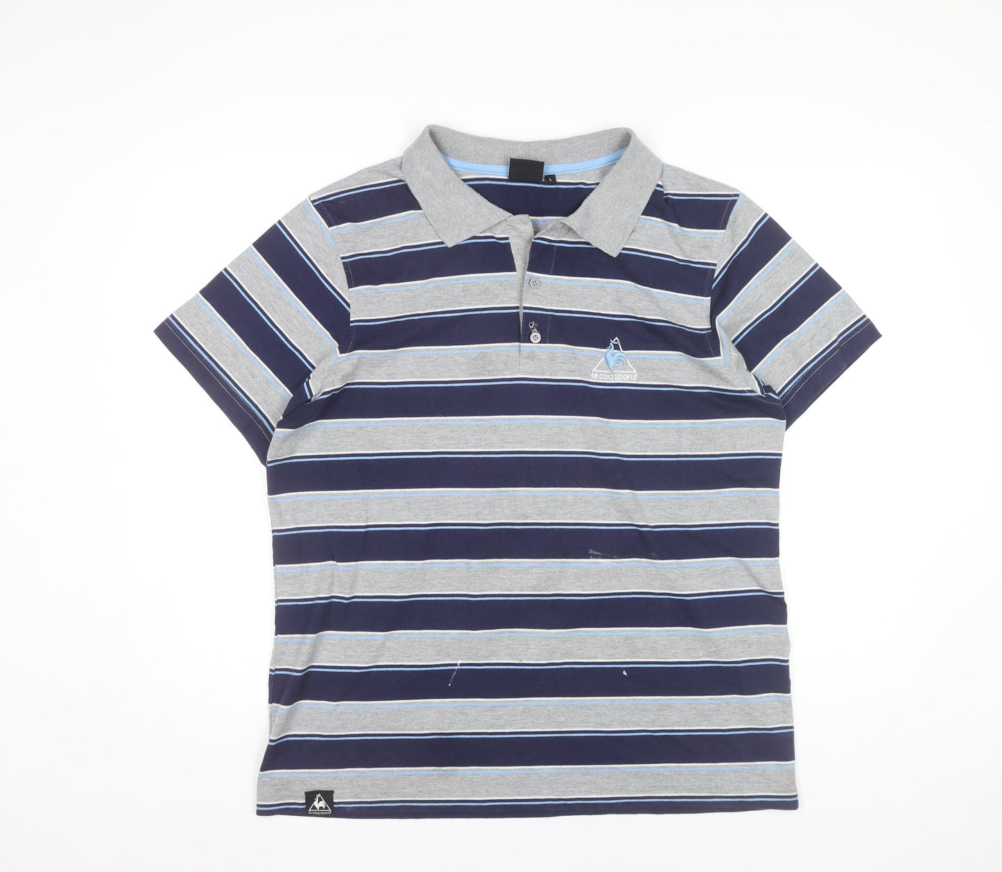 Le Coq Sportif Men’s Grey Blue Striped Polo Shirt Size L