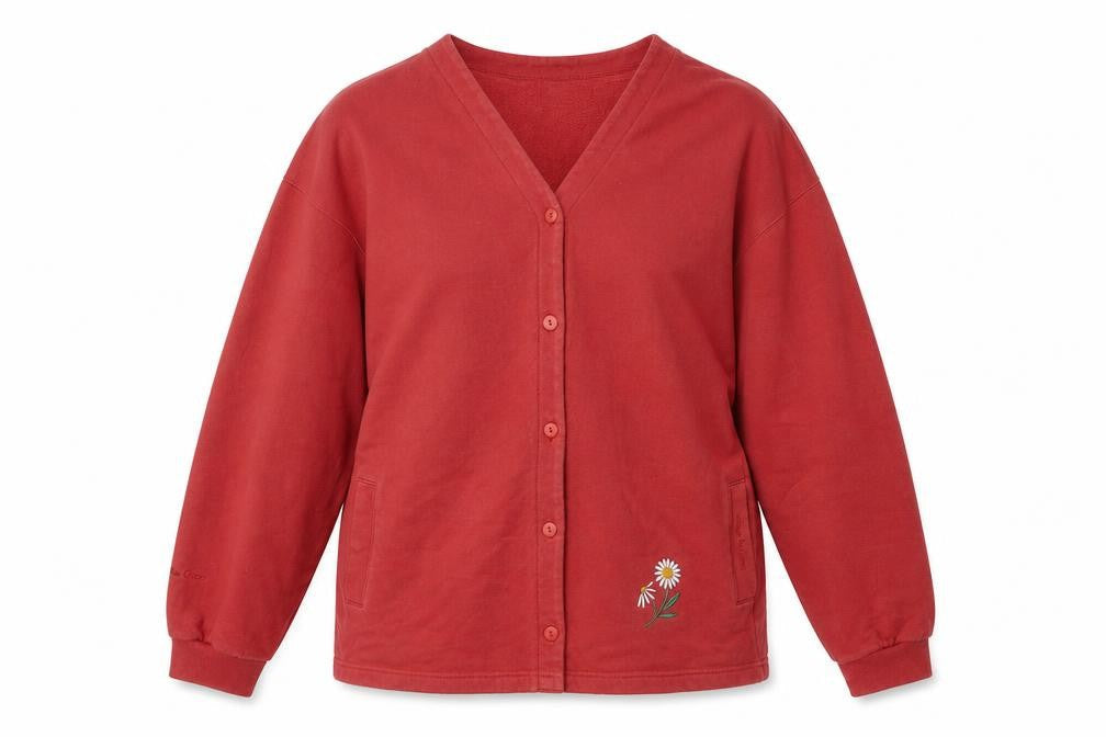 Village Green Womens Red Cotton Cardigan L Embroidered V-Neck