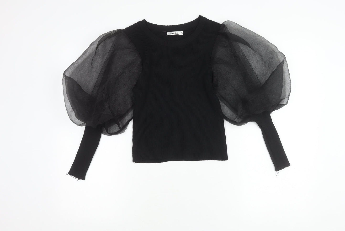 Cherry Koko Womens Black Puff Sleeve Blouse Size S Round Neck