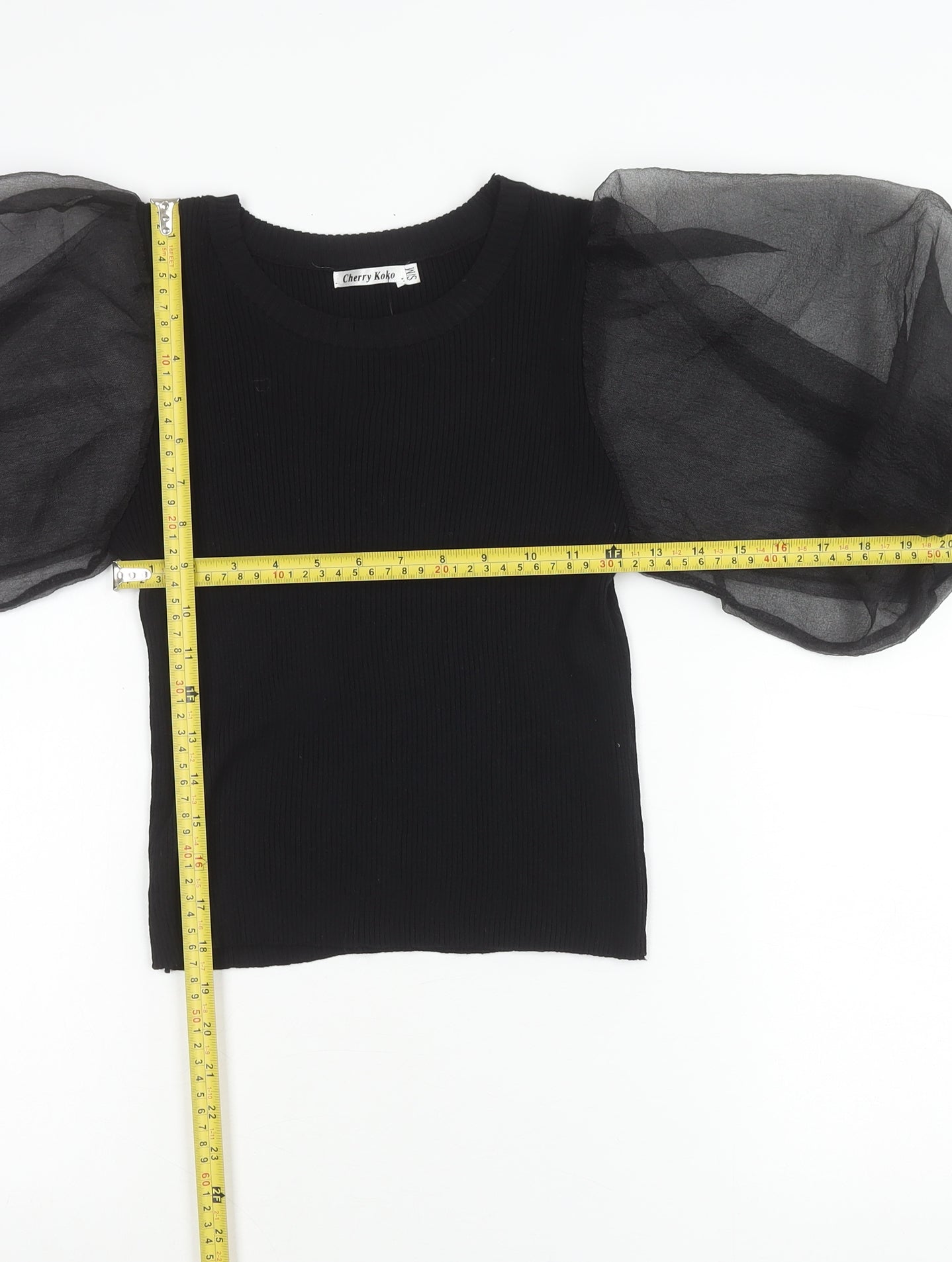 Cherry Koko Womens Black Puff Sleeve Blouse Size S Round Neck