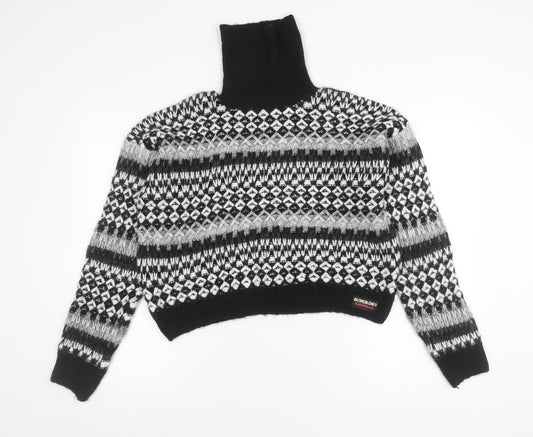 Superdry Womens Black Fair Isle Roll Neck Jumper Size 14 Knit Winter