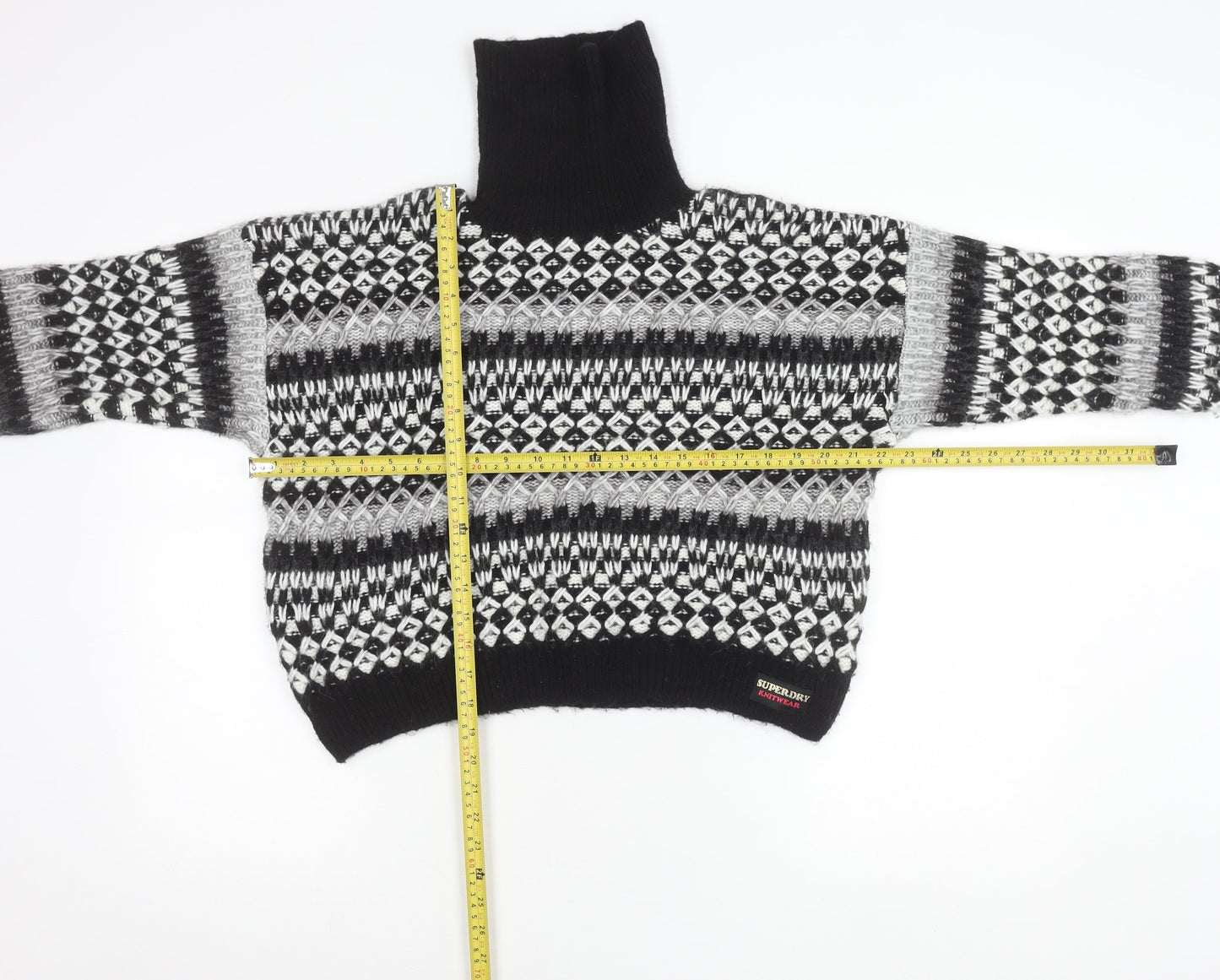 Superdry Womens Black Fair Isle Roll Neck Jumper Size 14 Knit Winter