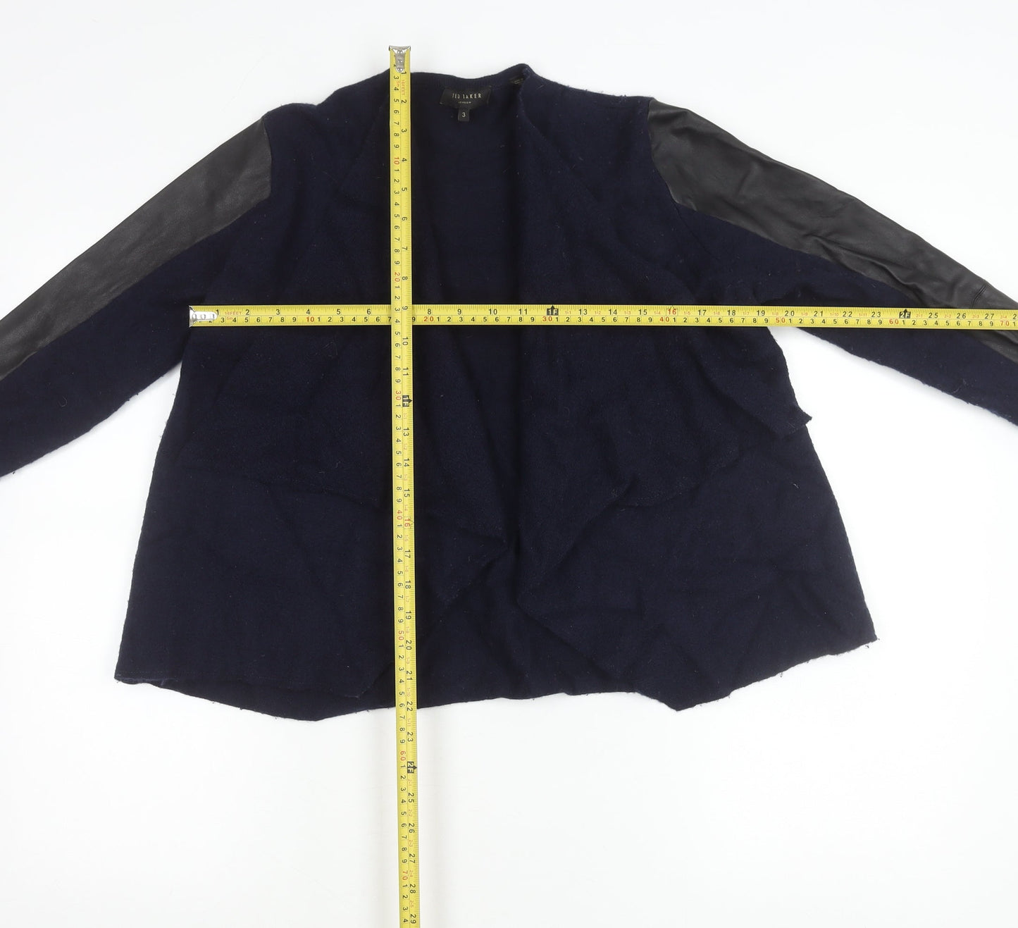 Ted Baker Womens Blue Wool Leather Sleeve Open Cardigan Size 12