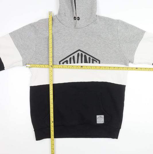 Divine Mens Grey White Black Colour Block Pullover Hoodie Size L