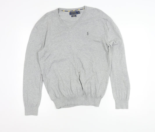 Ralph Lauren Men's Grey Slim Fit V-Neck Cotton Jumper Size M