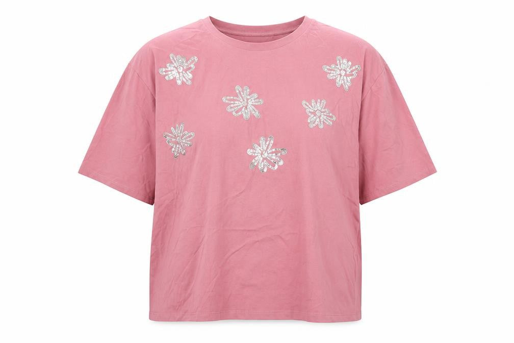 Next Womens Pink Sequin Floral T-Shirt XL Cotton Casual