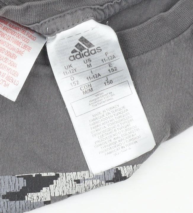 Adidas Boys Grey T-Shirt 11-12 Years Short Sleeve Cotton Logo Sports Top