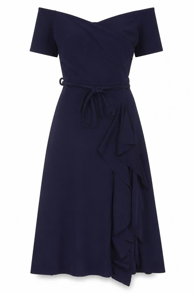 FeverFish Women’s Blue Midi Wrap Dress Size 8 Short Sleeve V-Neck