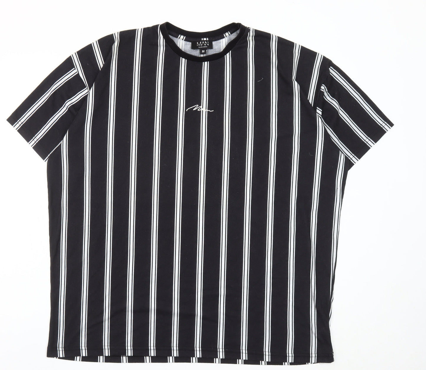 boohooMAN Men's Black Striped Crew Neck T-Shirt Size M