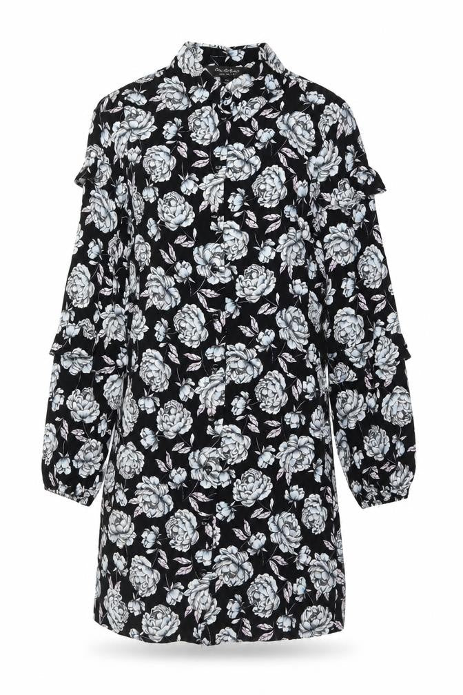 Front view of Miss Selfridge Women’s Black Floral Shirt Dress, size UK 8, Viscose