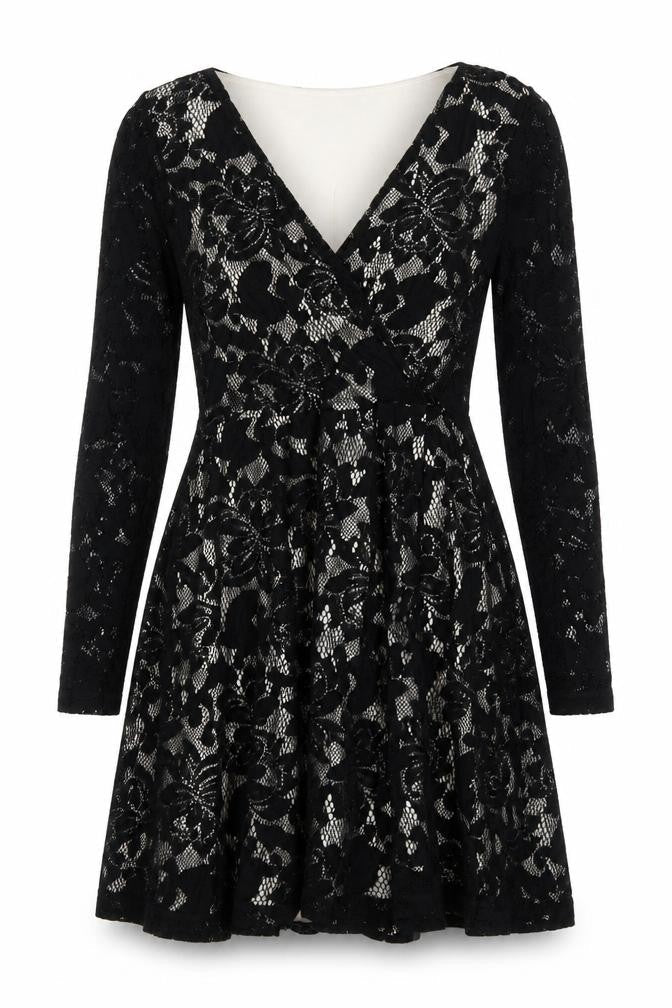 Front view of ASOS Women Black, size 8, Floral Lace Skater Party Cocktail Dress