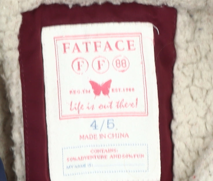 FatFace Girls Blue 4-5 Years Puffer Jacket Hooded Mid-Length Coat