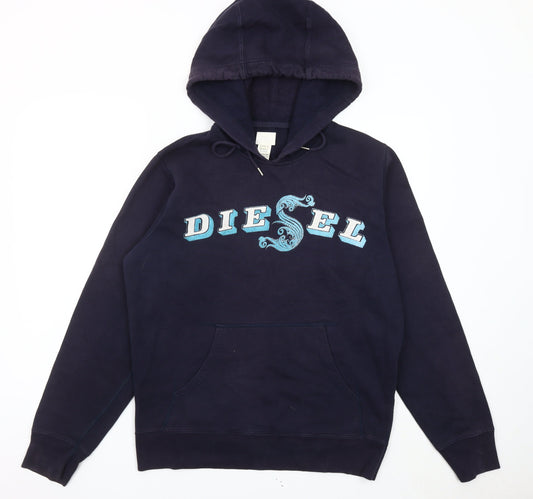 Diesel Mens Blue Pullover Hoodie L Logo Cotton Fleece Sweatshirt