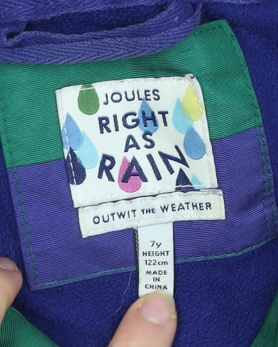 Joules Boys Green Blue Striped Waterproof Rain Coat Jacket Hooded 7 Years