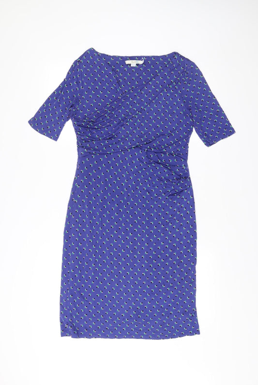 Boden Women’s Blue V-Neck Sheath Dress Ruched 3/4 Sleeve UK Size