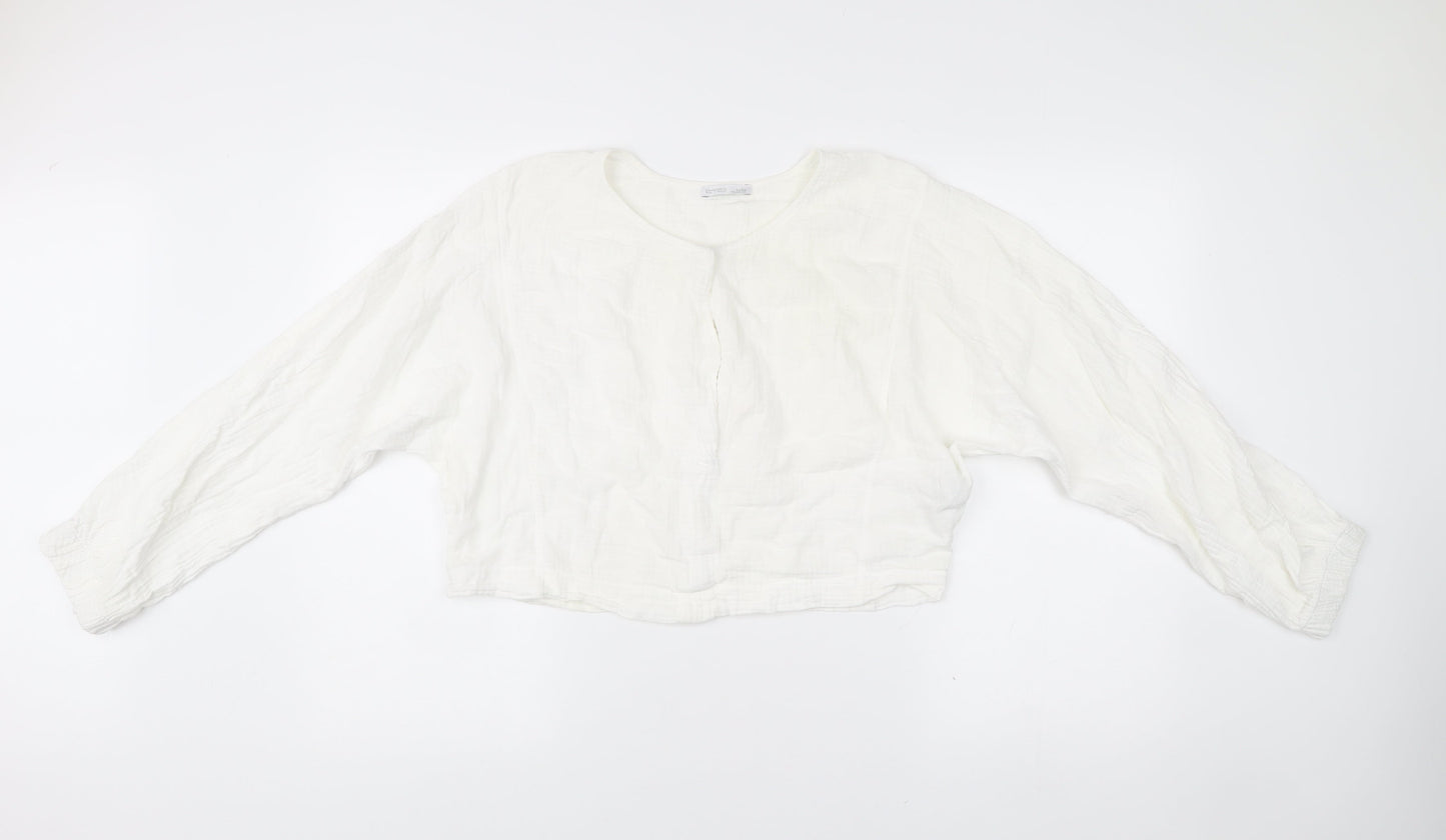 Zara Women’s White Cotton Cropped Blouse Size 10 Long Sleeve