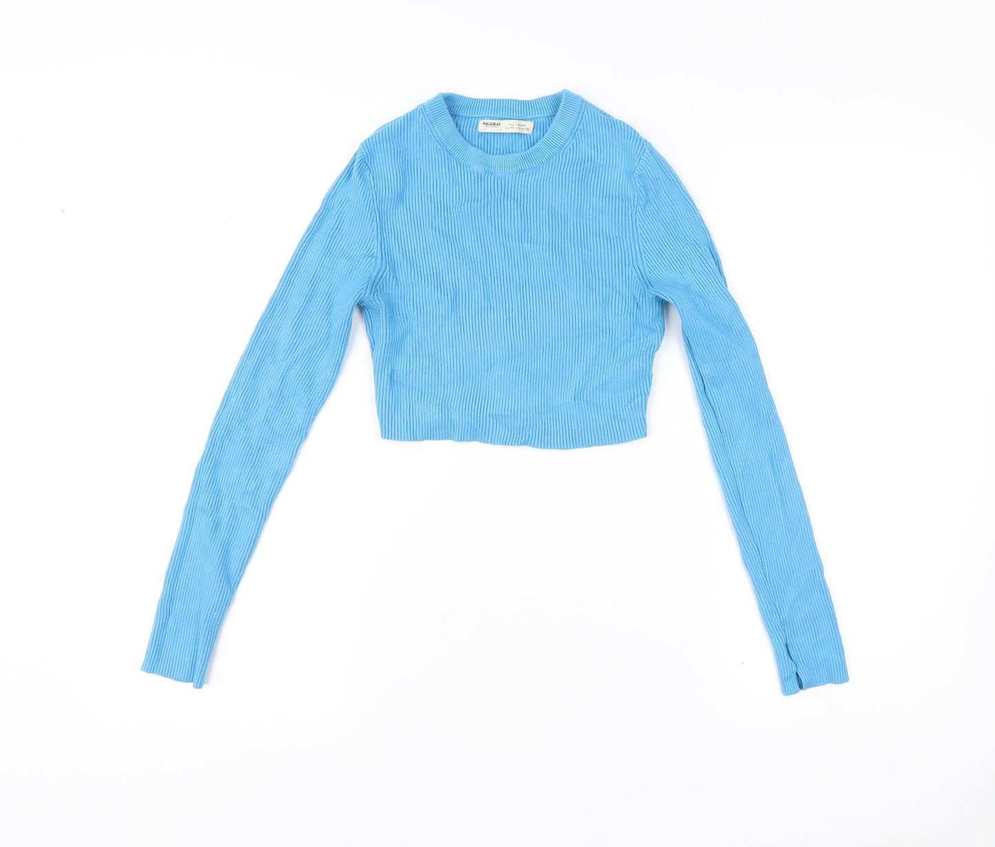 Pull&Bear Womens Blue Cropped Long Sleeve Slim Fit Top Size M