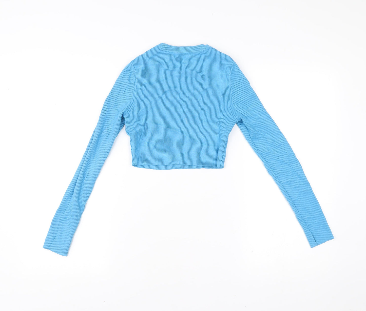 Pull&Bear Womens Blue Cropped Long Sleeve Slim Fit Top Size M