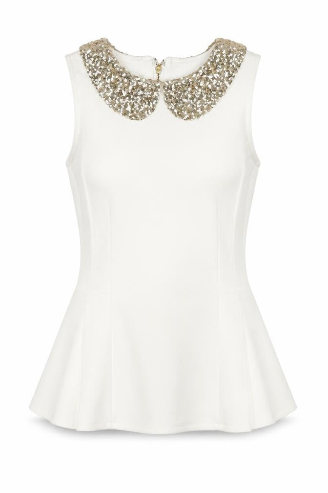 Parisian Womens Ivory Sequin Collar Sleeveless Blouse Size 10