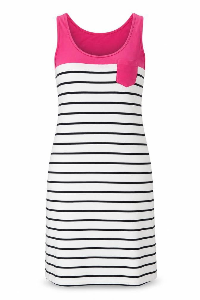 Front view of Crew Clothing Pink White Black Striped Tank Dress, size 6