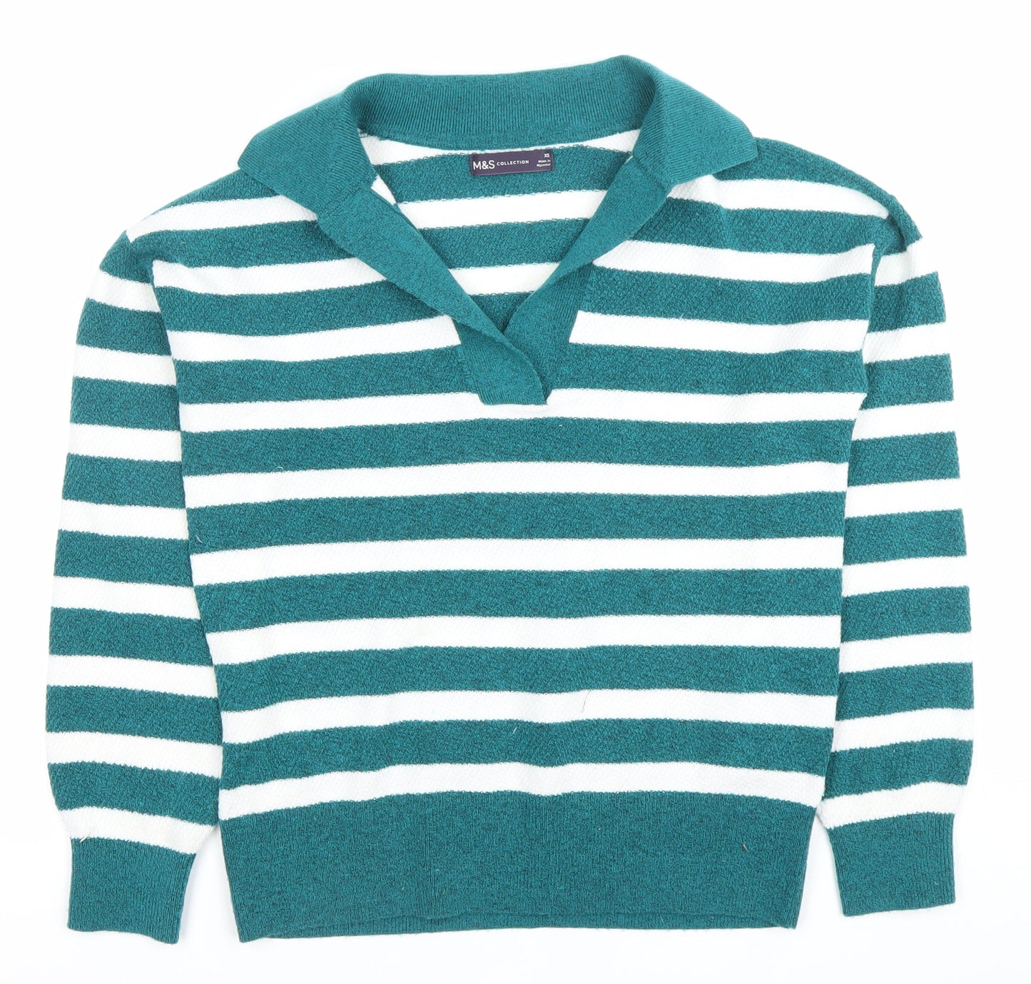 Marks and Spencer Women’s Green Striped Collared Pullover Jumper XS