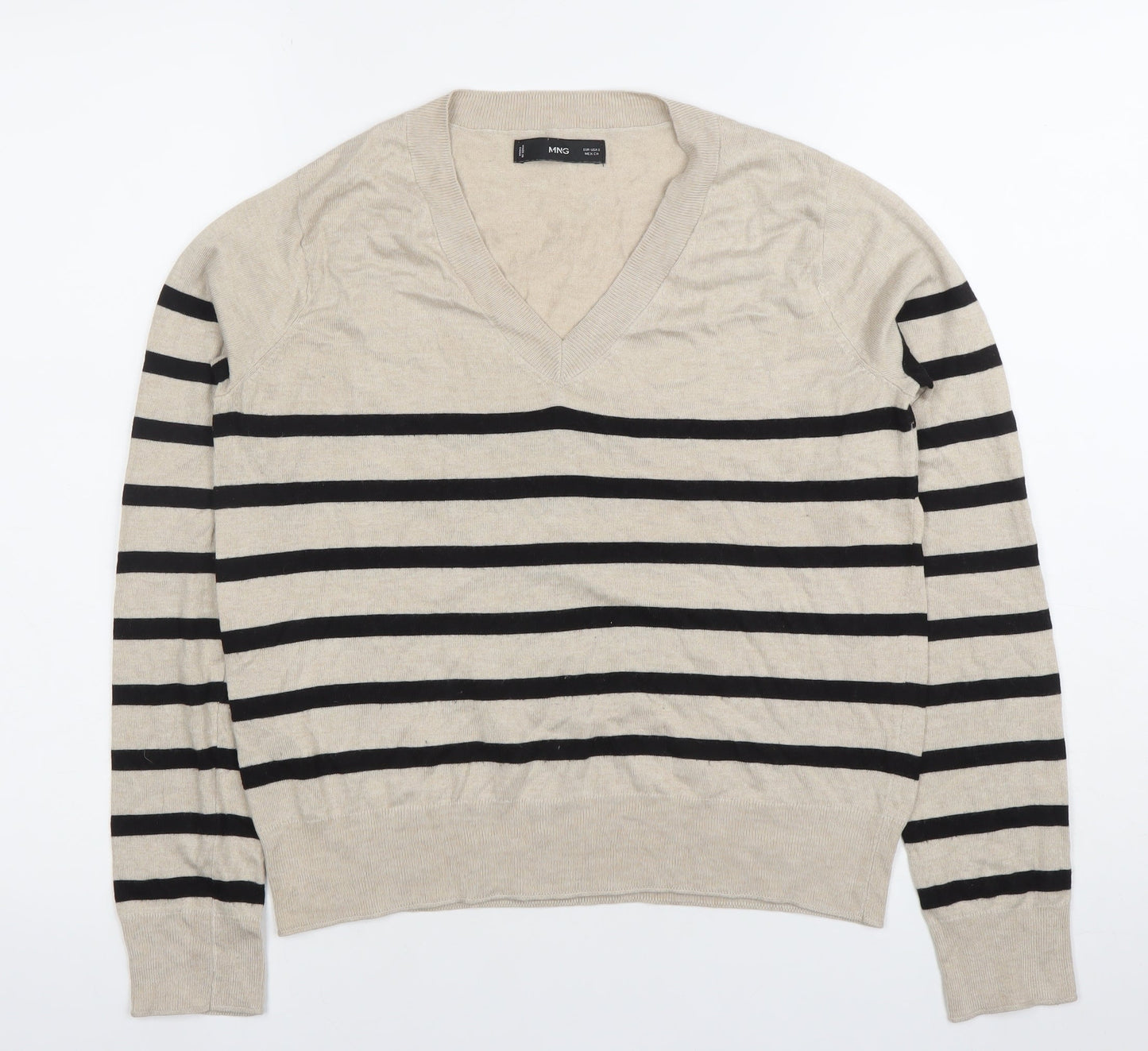 MNG Womens Beige Striped V-Neck Long Sleeve Knit Top Size S