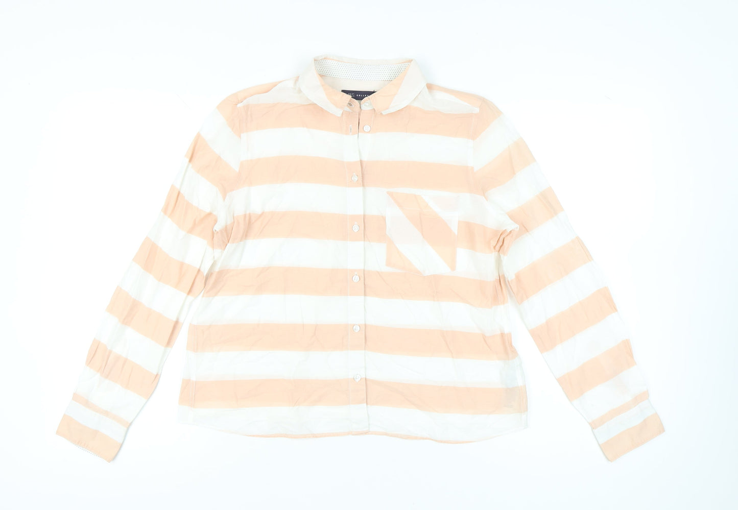 Marks and Spencer Women Orange White Striped Cotton Button-Up Shirt UK14