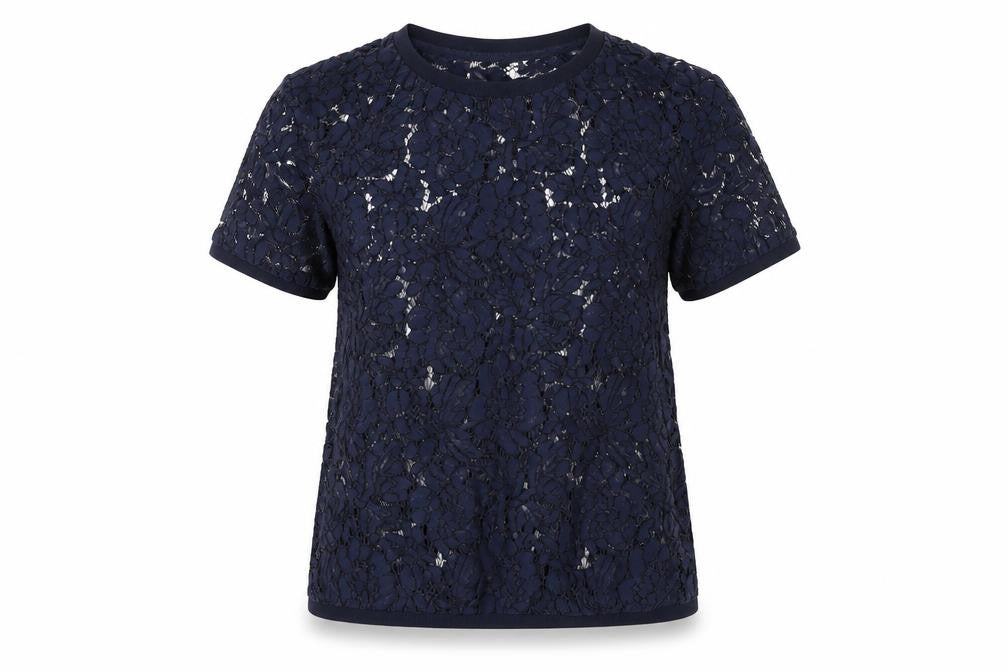 Promod Women’s Blue Lace Floral Sheer Short Sleeve Top Size 6