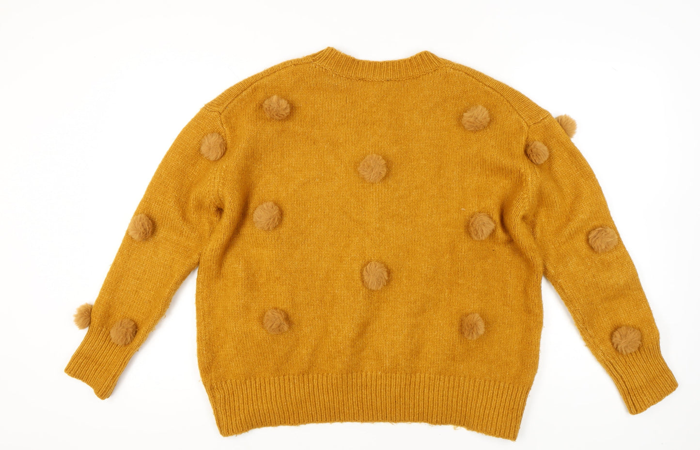 Zara Women Yellow Pom Pom Knit Jumper Pullover S Wool Blend