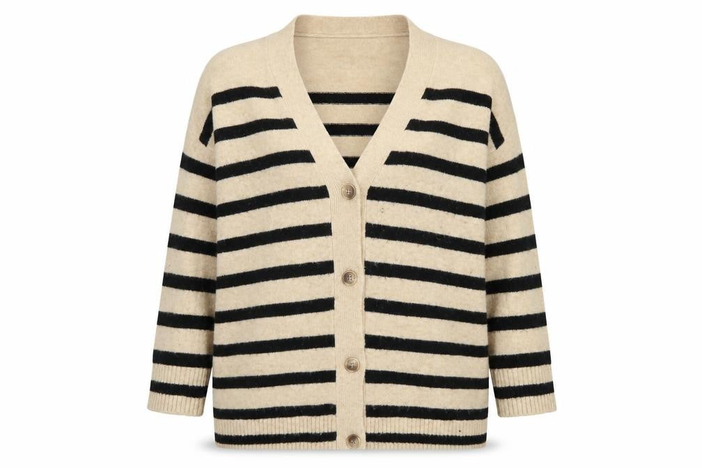 MNG Womens Beige Black Striped V-Neck Button Cardigan Size M