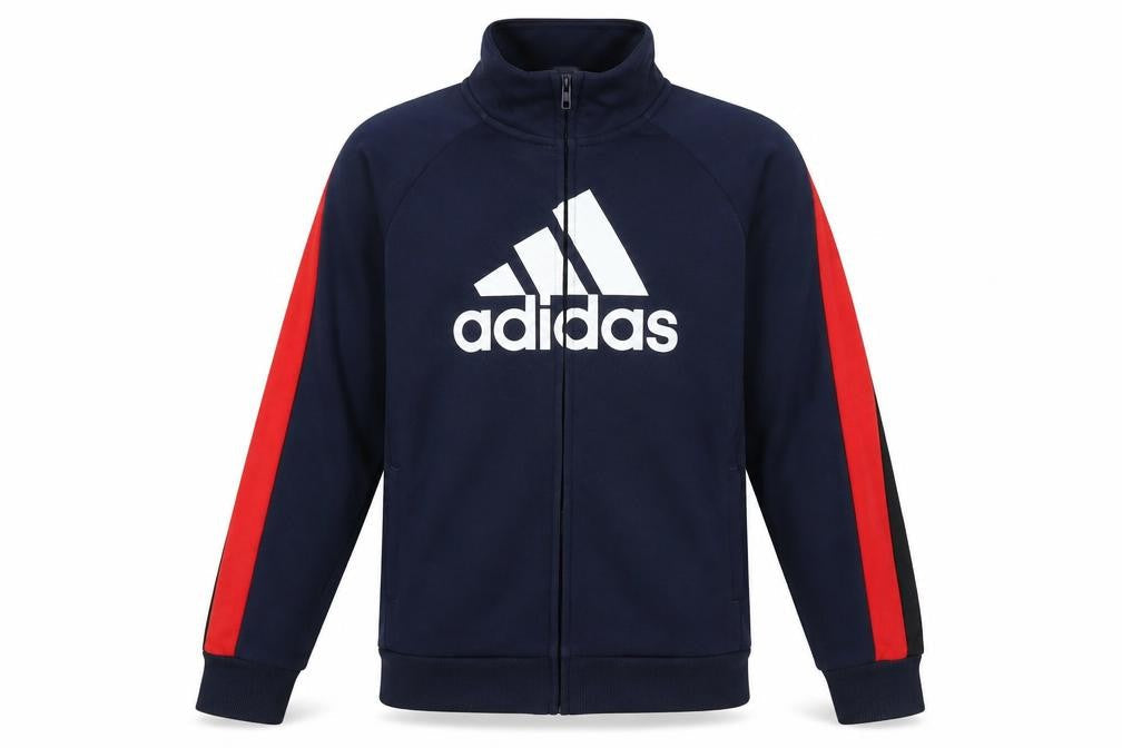 Front view of Adidas boys’ blue track jacket 12 years full zip logo sports activewear