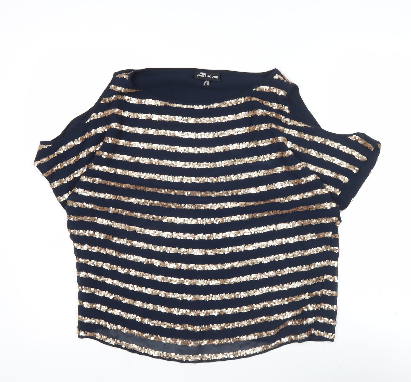 Warehouse Women’s Blue Sequin Striped Cold Shoulder Blouse UK 10