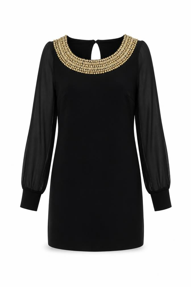 Lipsy Women Black Size 10 Beaded Long Sleeve Shift Dress