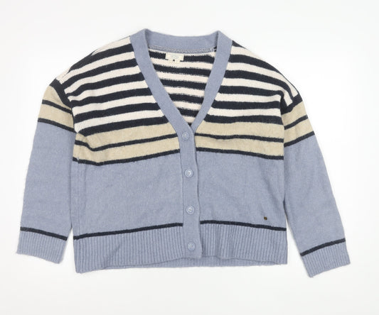 Fat Face Womens Blue Striped Cardigan Size 14 V-Neck Knitwear